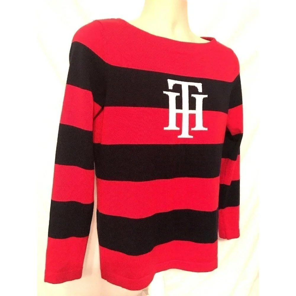 Tommy Hilfiger TH Red Blue Striped Fitted Pullover Sweater Medium Stretch Logo